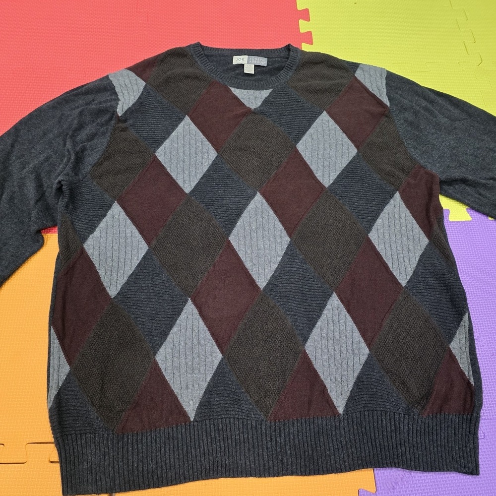 Joe Joseph Abboud Men's Large Argyle Sweater Gray Burgundy 100% Cotton L/G‎